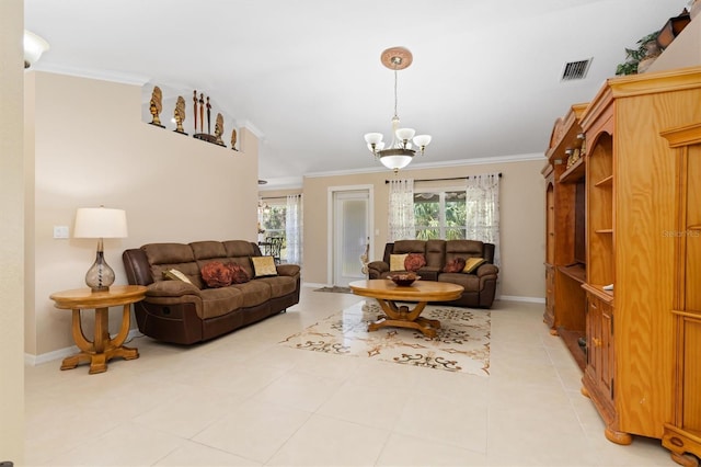 living area with plenty of natural light, visible vents, and crown molding