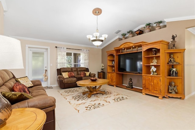 living room with light tile patterned floors, lofted ceiling, visible vents, an inviting chandelier, and ornamental molding