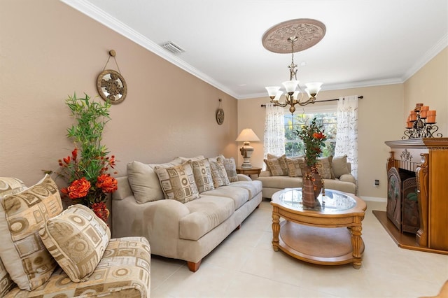 living room with a fireplace, visible vents, a notable chandelier, and ornamental molding