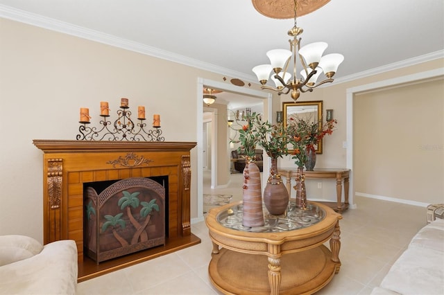 living area featuring a chandelier, a fireplace, baseboards, ornamental molding, and tile patterned floors