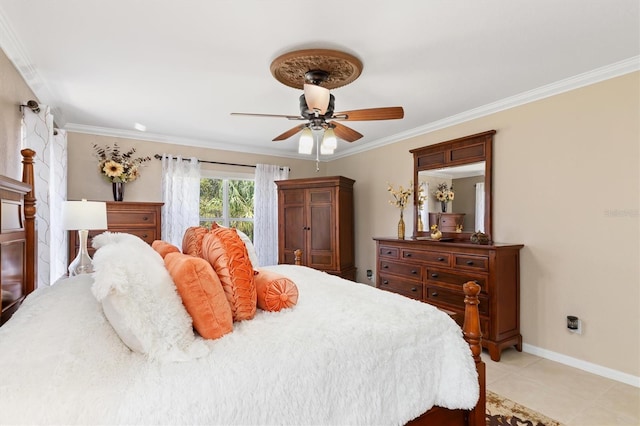 bedroom with ornamental molding, ceiling fan, baseboards, and light tile patterned floors