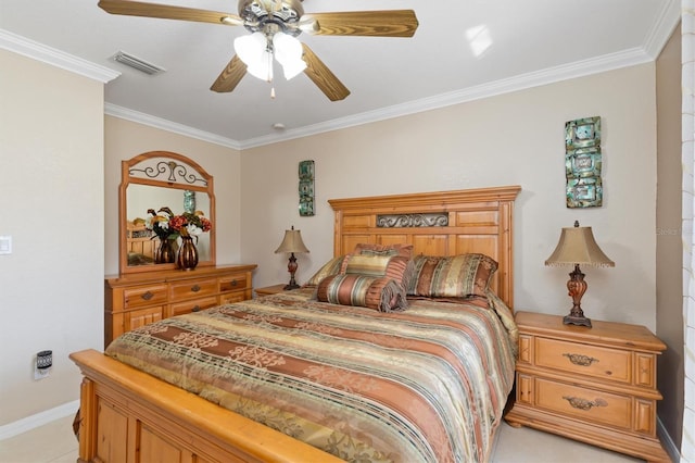 bedroom featuring ceiling fan, visible vents, and crown molding