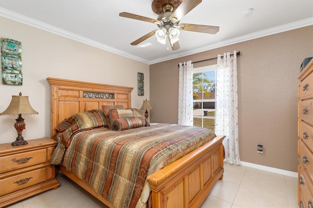 bedroom featuring a ceiling fan, light tile patterned floors, baseboards, and crown molding