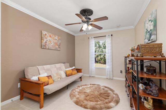 living area featuring light tile patterned floors, baseboards, ornamental molding, and ceiling fan