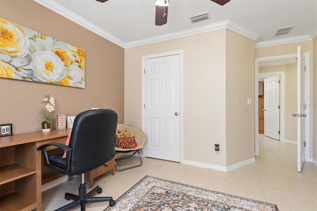 office area with ornamental molding, a ceiling fan, visible vents, and light tile patterned flooring