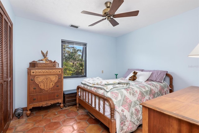 bedroom with a ceiling fan, visible vents, and a closet