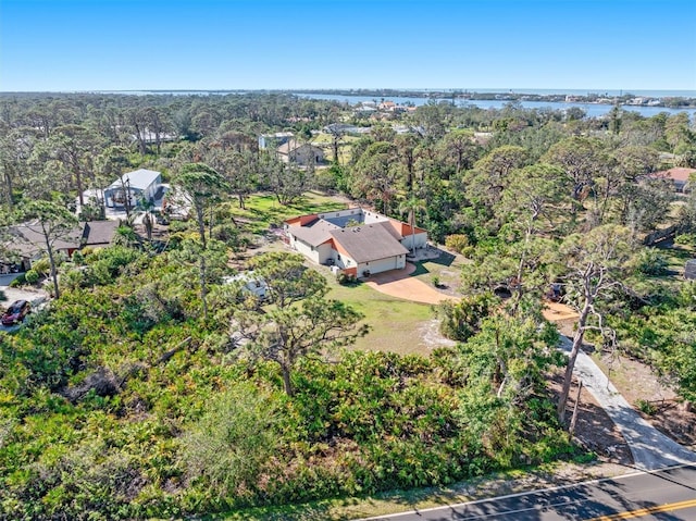 aerial view featuring a water view and a view of trees