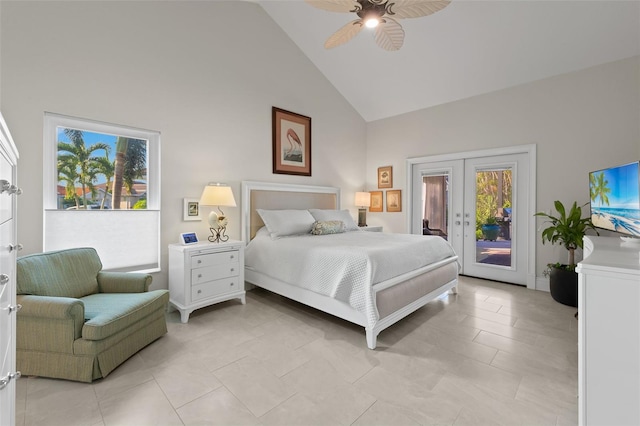 bedroom featuring access to exterior, french doors, high vaulted ceiling, and a ceiling fan