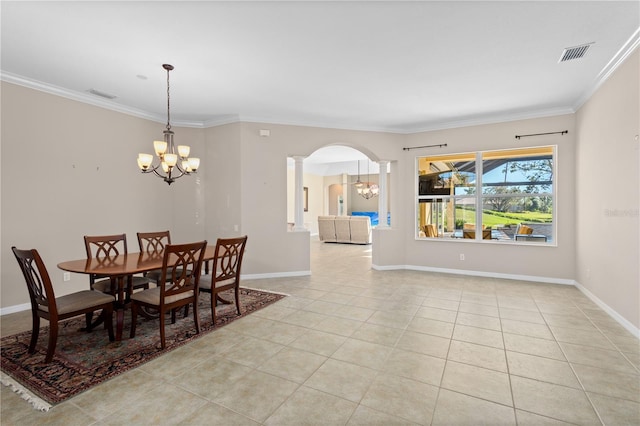 dining room with arched walkways, visible vents, a notable chandelier, and light tile patterned flooring