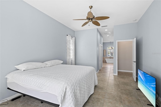 tiled bedroom featuring baseboards, visible vents, and a ceiling fan