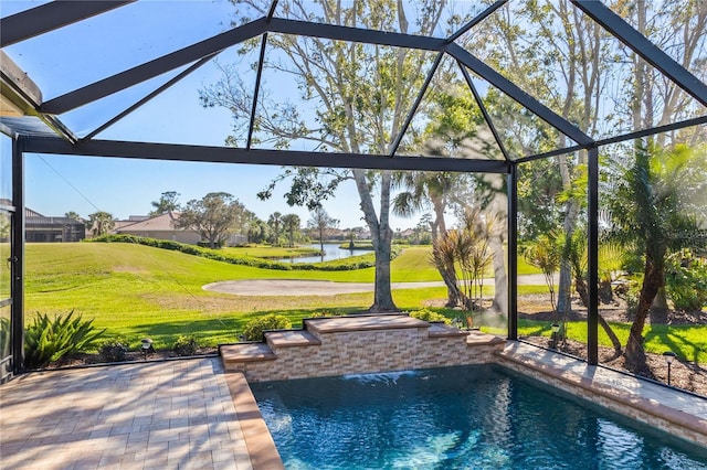 outdoor pool featuring a lanai, a patio area, and a lawn