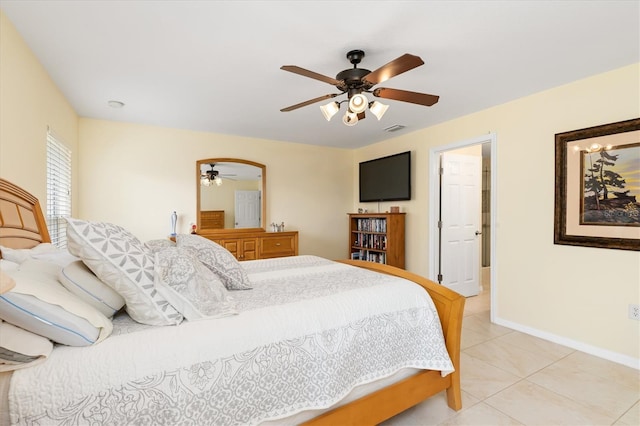 bedroom featuring light tile patterned floors, baseboards, visible vents, and a ceiling fan