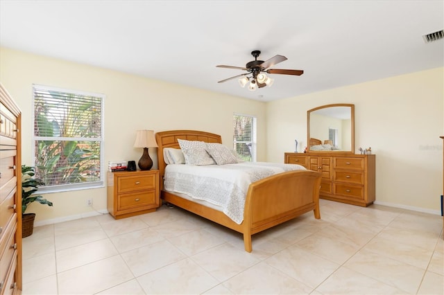 bedroom with light tile patterned floors, visible vents, and multiple windows