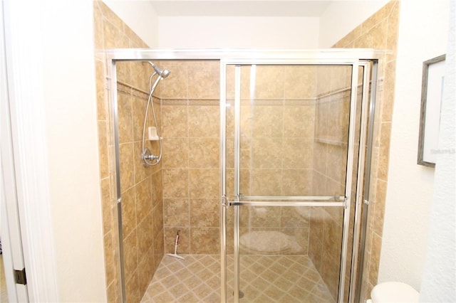 full bathroom featuring toilet and a stall shower