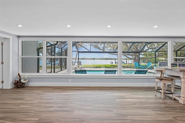 interior space with a water view