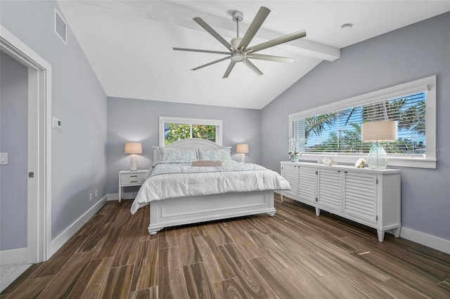 bedroom with lofted ceiling with beams, baseboards, visible vents, and wood finish floors