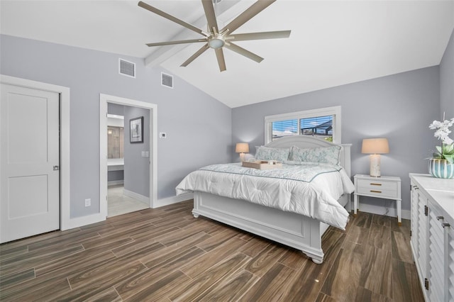 bedroom with lofted ceiling with beams, ceiling fan, visible vents, baseboards, and wood tiled floor