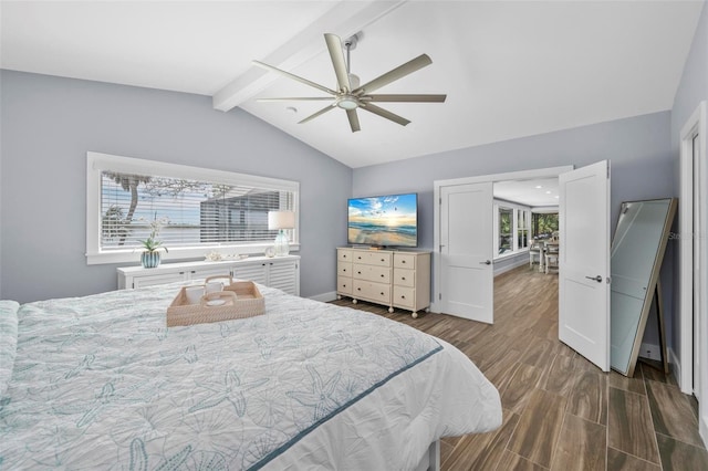 bedroom featuring dark wood-type flooring, lofted ceiling with beams, baseboards, and a ceiling fan