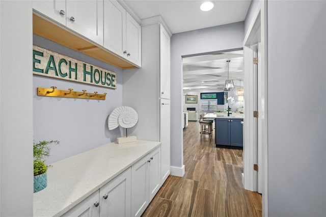 mudroom with baseboards and dark wood-type flooring