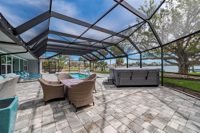 view of patio / terrace featuring glass enclosure, outdoor lounge area, an outdoor pool, and a hot tub