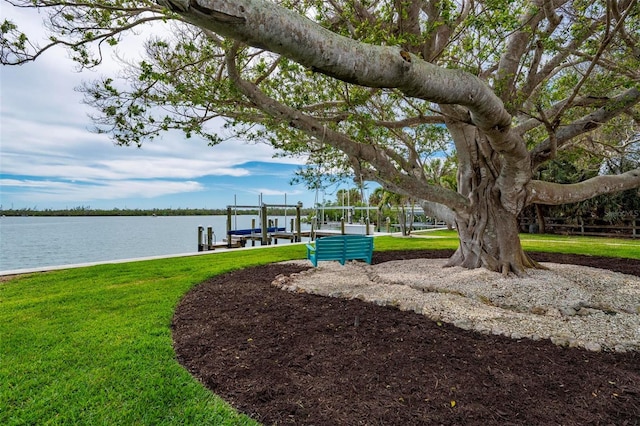 view of property's community featuring a lawn, a water view, boat lift, and a dock