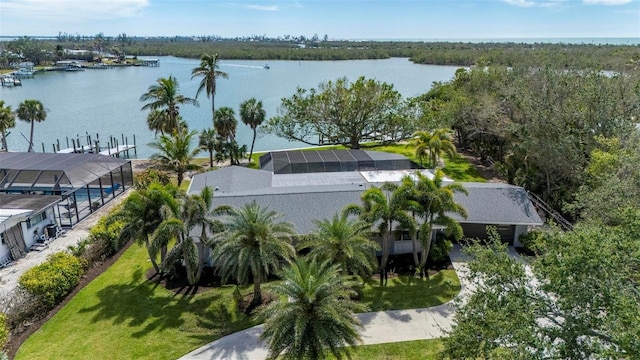 birds eye view of property featuring a water view