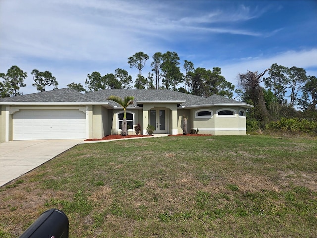 single story home with a garage, driveway, a front lawn, and stucco siding