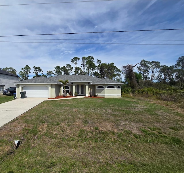 ranch-style house featuring a front yard, concrete driveway, an attached garage, and stucco siding