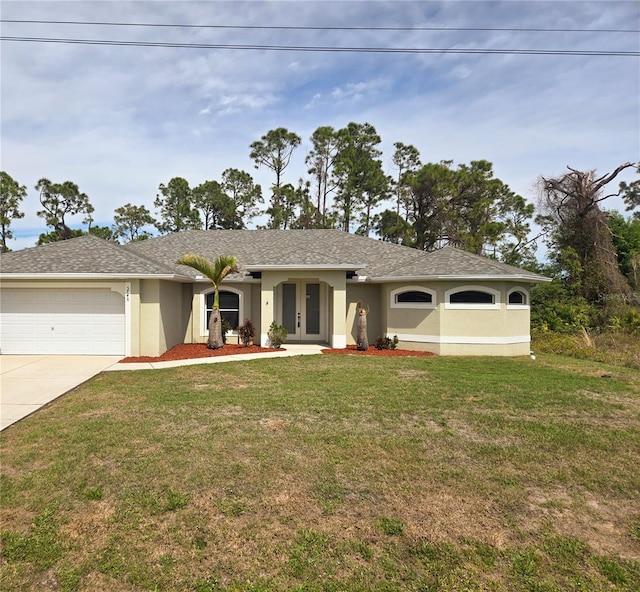 single story home with driveway, stucco siding, an attached garage, french doors, and a front yard