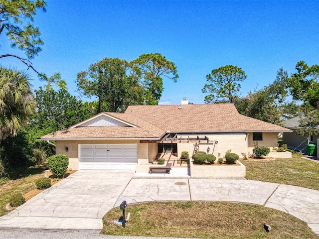 single story home featuring stucco siding, a shingled roof, concrete driveway, a garage, and a front lawn