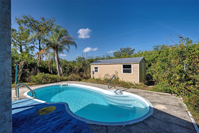 pool featuring an outbuilding, a shed, and a patio area