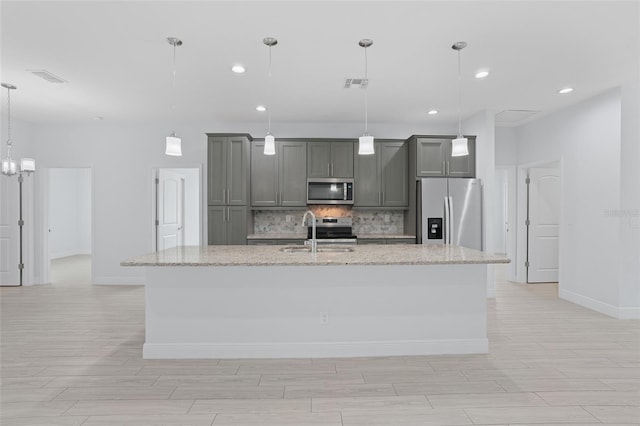 kitchen featuring stainless steel appliances, tasteful backsplash, visible vents, a kitchen island with sink, and a sink