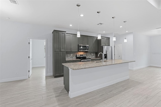 kitchen featuring a center island with sink, visible vents, a sink, stainless steel appliances, and backsplash