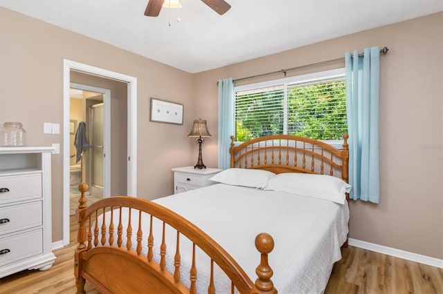 bedroom featuring light wood-type flooring, baseboards, and ceiling fan