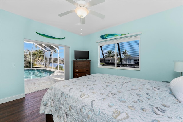 bedroom with a ceiling fan, a sunroom, wood finished floors, access to outside, and baseboards