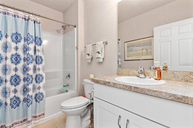 full bathroom featuring toilet, tile patterned flooring, shower / bathtub combination with curtain, and vanity