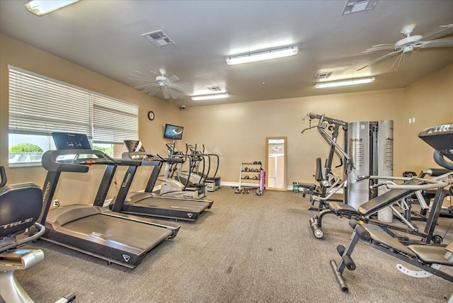 exercise room featuring visible vents, ceiling fan, and baseboards