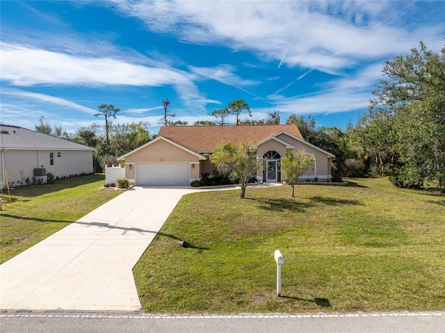 16571 Cape Horn Blvd, Punta Gorda, FL 33955 - ranch-style home with central AC unit, driveway, stucco siding, a front lawn, and a garage