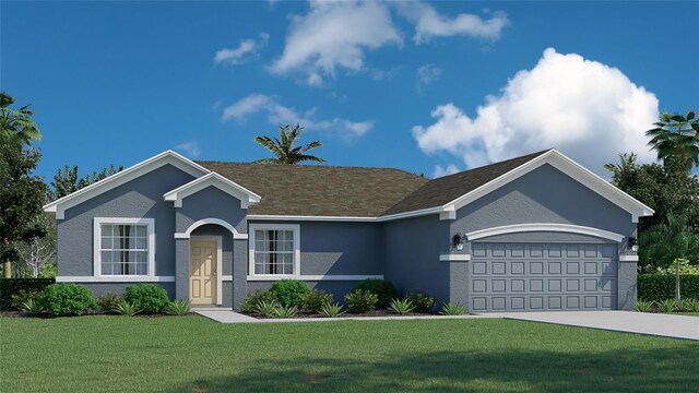 ranch-style house featuring an attached garage, concrete driveway, a front yard, and stucco siding