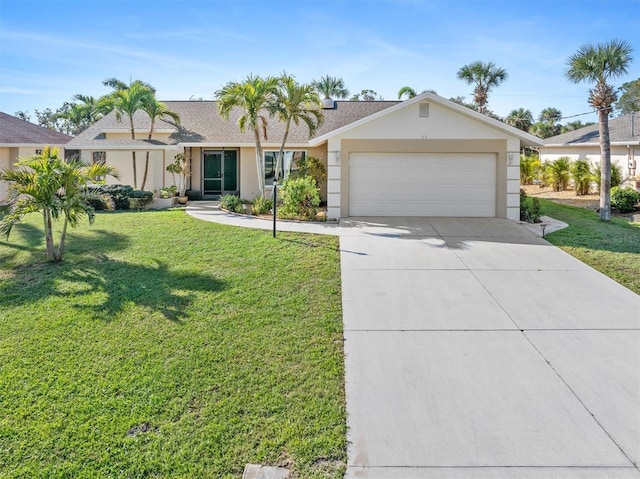 view of front of property featuring a front yard, concrete driveway, and an attached garage