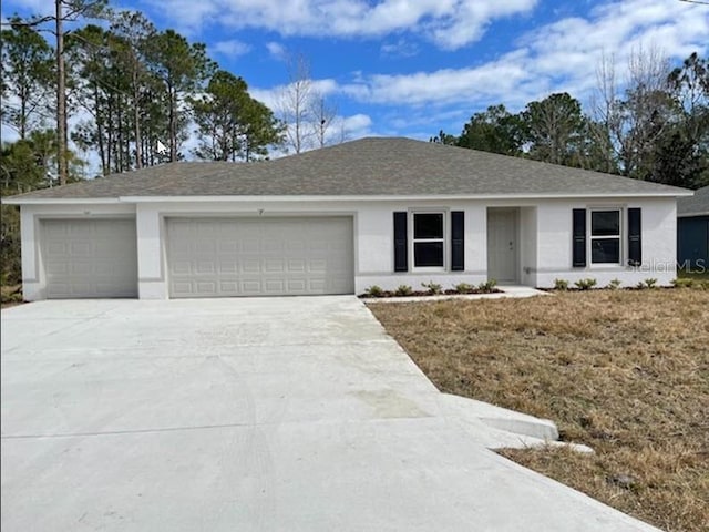 ranch-style house with an attached garage, driveway, a shingled roof, and stucco siding