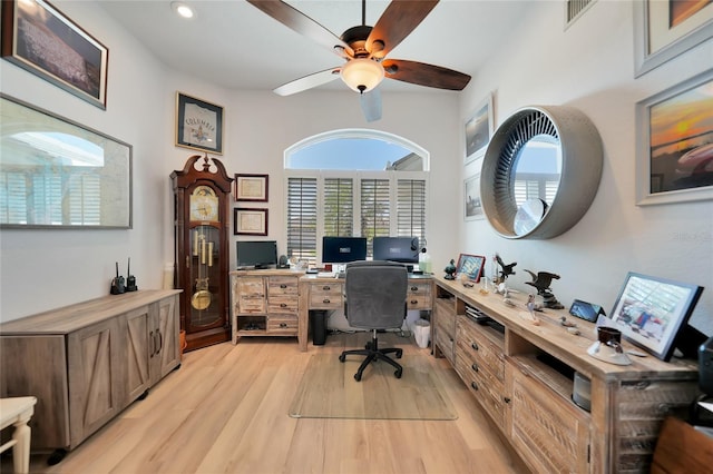 office with a ceiling fan, light wood-type flooring, visible vents, and recessed lighting