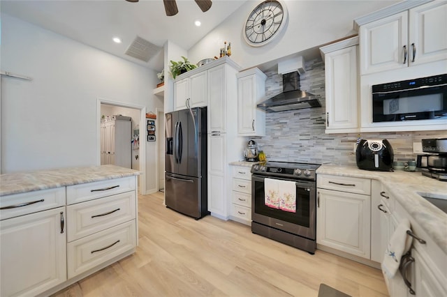 kitchen with visible vents, electric stove, wall chimney exhaust hood, light wood-style flooring, and fridge with ice dispenser