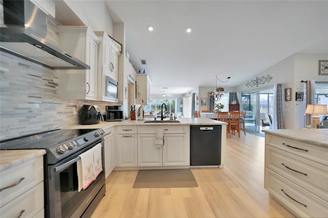 kitchen featuring electric range oven, dishwasher, a peninsula, wall chimney range hood, and a sink