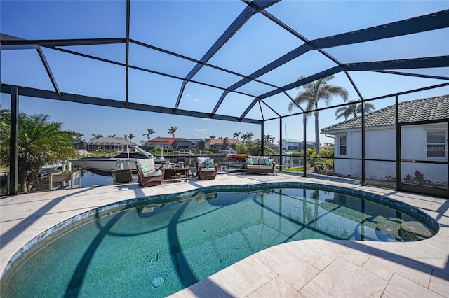 pool with glass enclosure, a patio area, and an outdoor living space