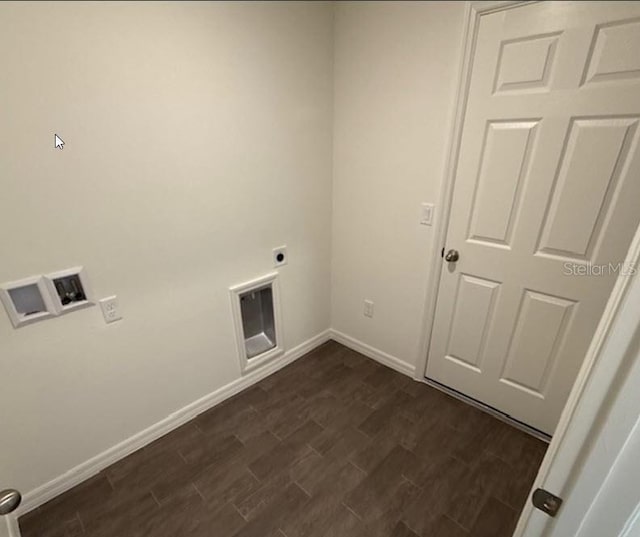 laundry room with laundry area, baseboards, dark wood-style floors, hookup for a washing machine, and electric dryer hookup