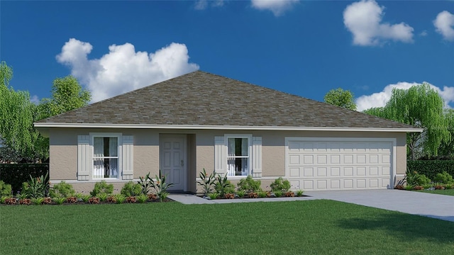 view of front of home featuring roof with shingles, stucco siding, a front yard, a garage, and driveway