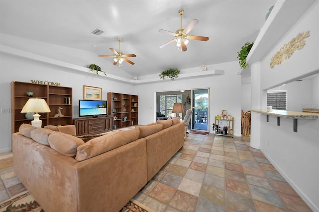 living area with lofted ceiling, a ceiling fan, visible vents, and baseboards