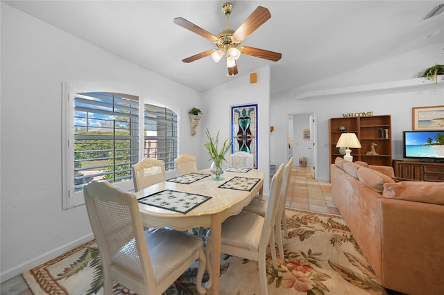 dining area featuring lofted ceiling, visible vents, ceiling fan, and baseboards