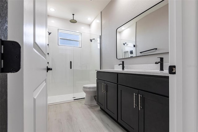 bathroom featuring toilet, a shower stall, double vanity, and a sink